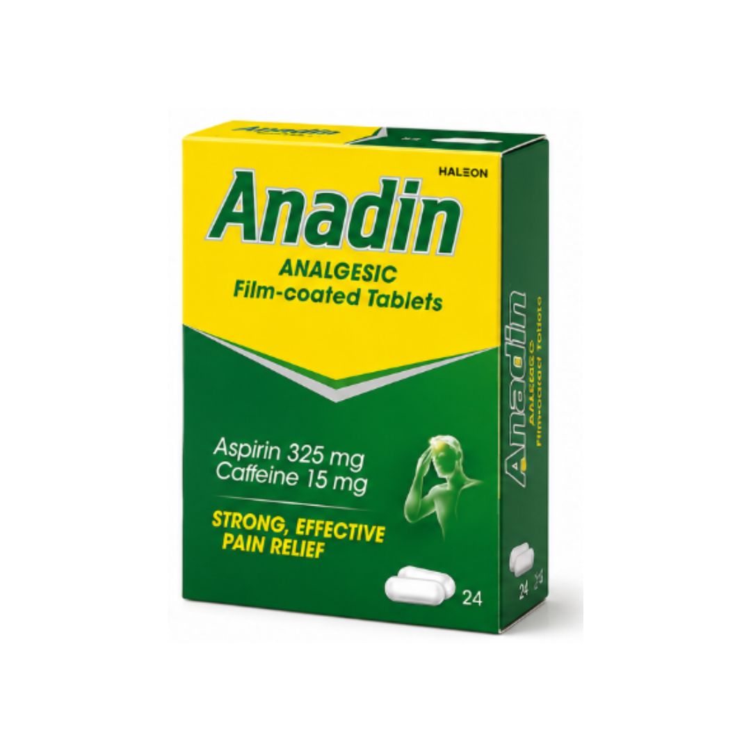 Anadin Analgesic Aspirin/Caffeine – 24 Tablets packaging (side angle) on a white background