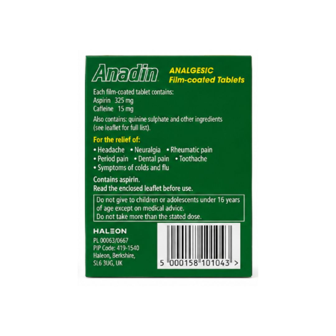 Anadin Analgesic Aspirin/Caffeine – 24 Tablets packaging (rear angle) on a white background