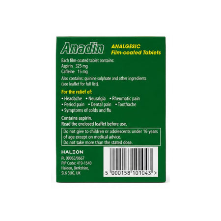 Anadin Analgesic Aspirin/Caffeine – 24 Tablets packaging (rear angle) on a white background