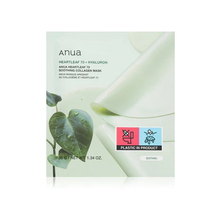 Anua Soothing Collagen Mask packaging box, featuring a pale mint green background with a heartleaf illustration and product details.