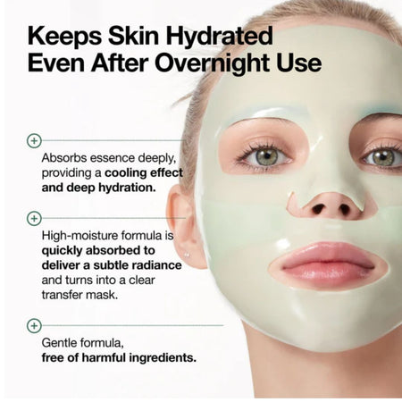 A close-up of a woman wearing a pale green skincare face mask, with promotional text on the left reading 'Keeps Skin Hydrated Even After Overnight Use' and three benefit bullet points about deep absorption, hydration, and gentle formula.
