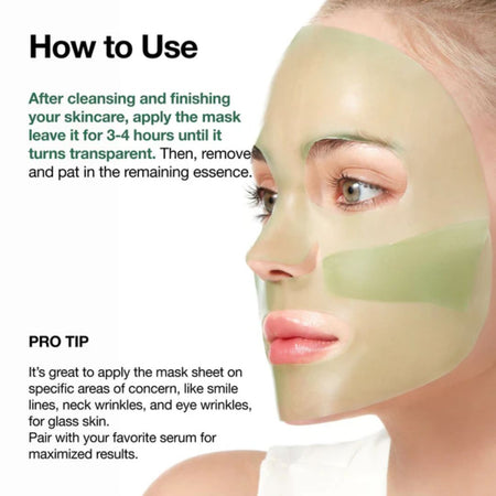 Woman wearing a green face mask with usage instructions on a white background