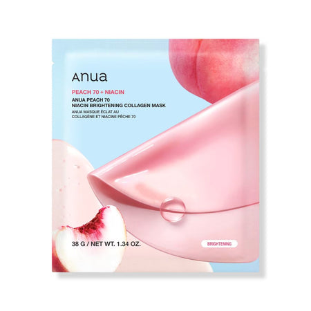 Anua Peach 70 + Niacin Brightening Collagen Mask sheet packaging, featuring a light blue background with pink peach graphics and a pink mask droplet illustration.