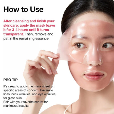 Person applying a face mask with text on how to use it