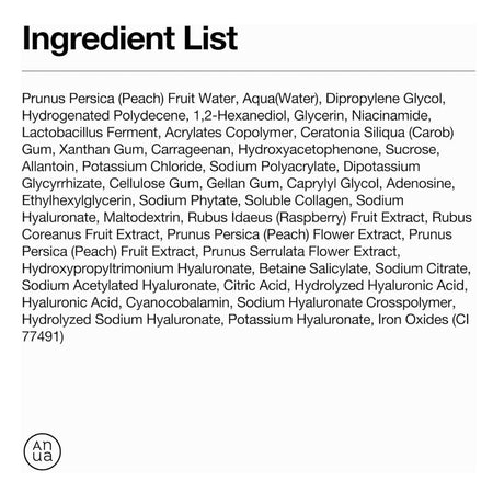 Ingredient list on a white background with 'Anua' logo.