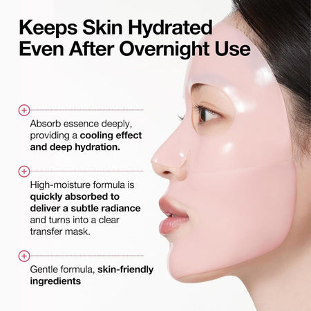 Woman wearing a clear face mask with text highlighting its benefits