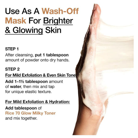 Instructions for using a wash-off mask on skin with a close-up of hands applying the product.