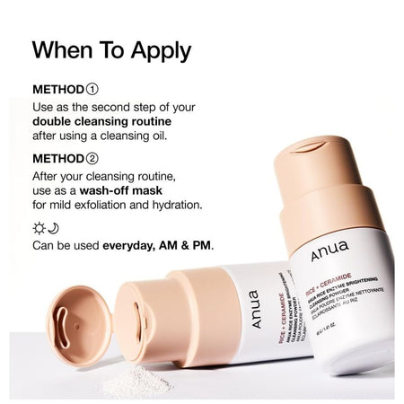Anua Rice + Ceramide Enzyme Brightening Cleansing Powder
 product with application instructions on a white background