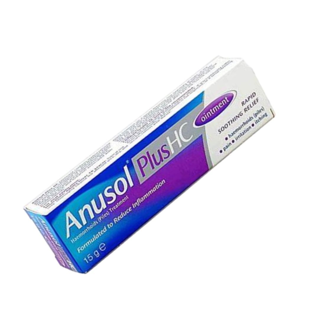 A 15g box of Anusol Plus HC ointment, featuring a blue and purple gradient design with white text, shown on a plain white background.