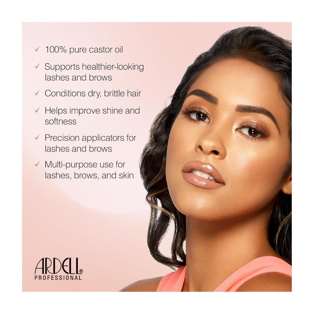 Ardell Nourish 100% Pure Castor Oil product information graphic on a photo of a woman