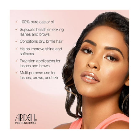 Ardell Nourish 100% Pure Castor Oil product information graphic on a photo of a woman