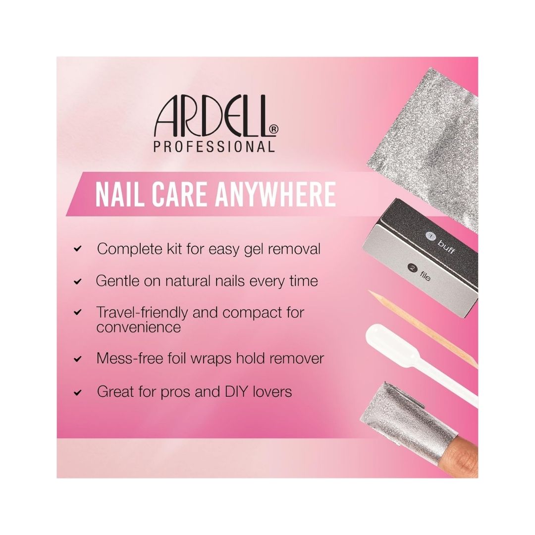 Ardell Gel Polish Removal Kit 'NAIL CARE ANYWHERE' graphic on a pink background
