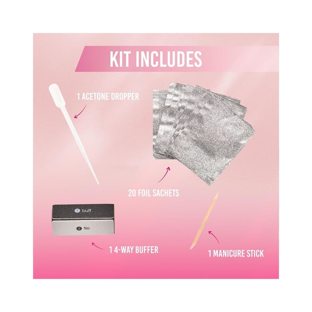 Ardell Gel Polish Removal Kit 'KIT INCLUDES' graphic on a pink background
