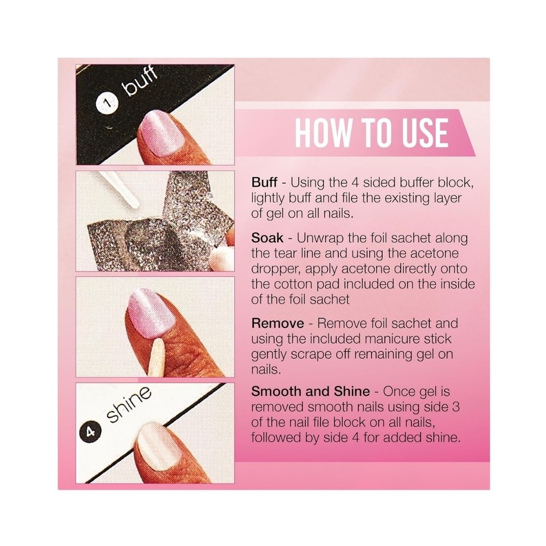 Ardell Gel Polish Removal Kit 'HOW TO USE' graphic on a pink background 