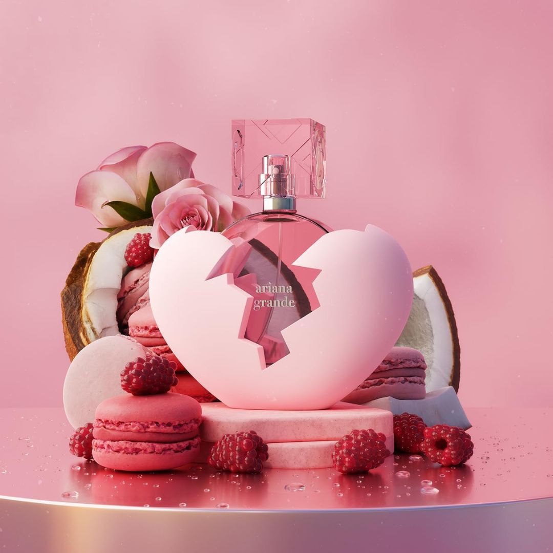Ariana Grande Thank U, Next Perfume 30ml on a pink background
