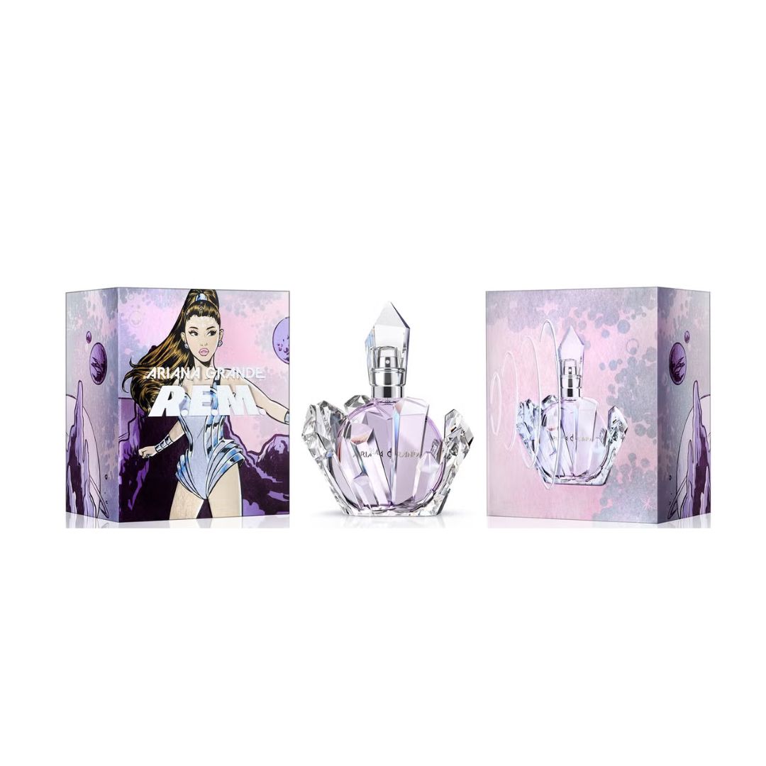Perfume bottle ariana grande with packaging featuring a character on a white background
