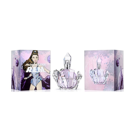 Perfume bottle ariana grande with packaging featuring a character on a white background