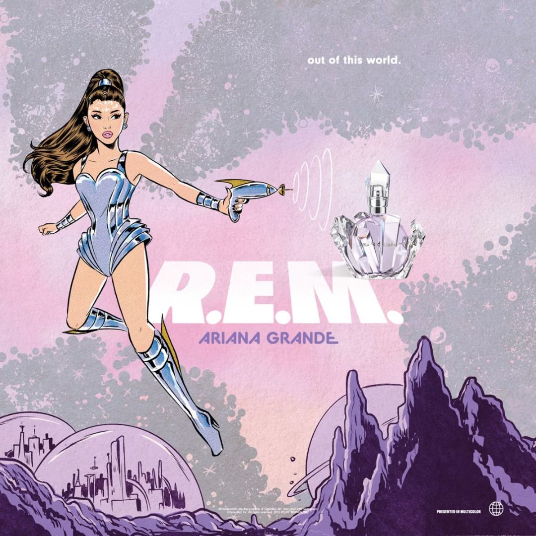 Album cover with a character holding a spaceship and a perfume bottle, set against a cosmic background.