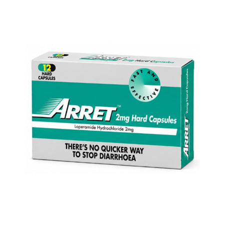 A box of Arret 2mg Hard Capsules, containing 12 hard capsules. The packaging is white and teal with black text, featuring the Arret brand name prominently on the front.