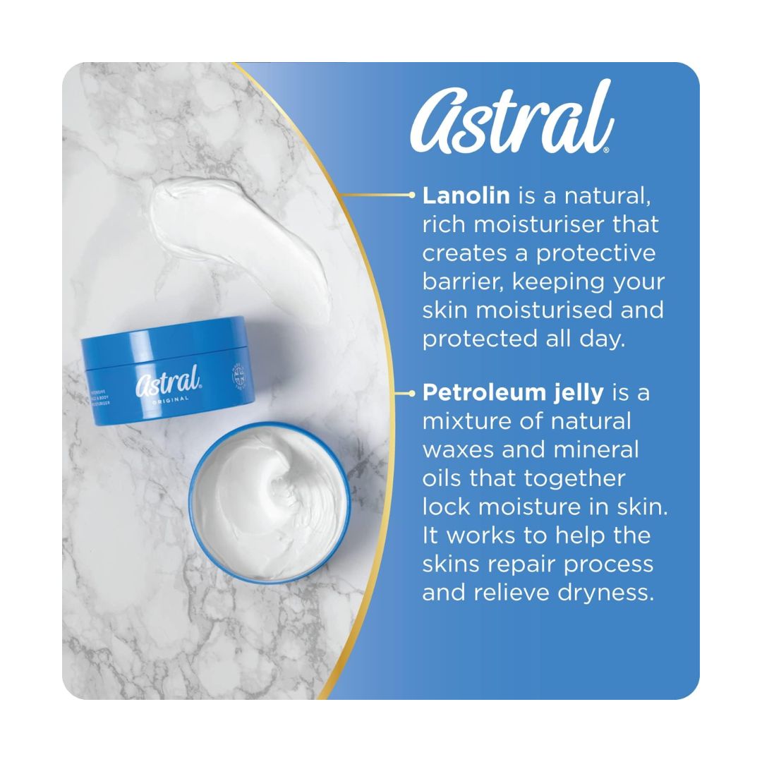A promotional graphic for Astral Lanolin Petroleum Jelly, showing a blue jar and an open container of white petroleum jelly on a marble surface, alongside descriptive text on a blue background.