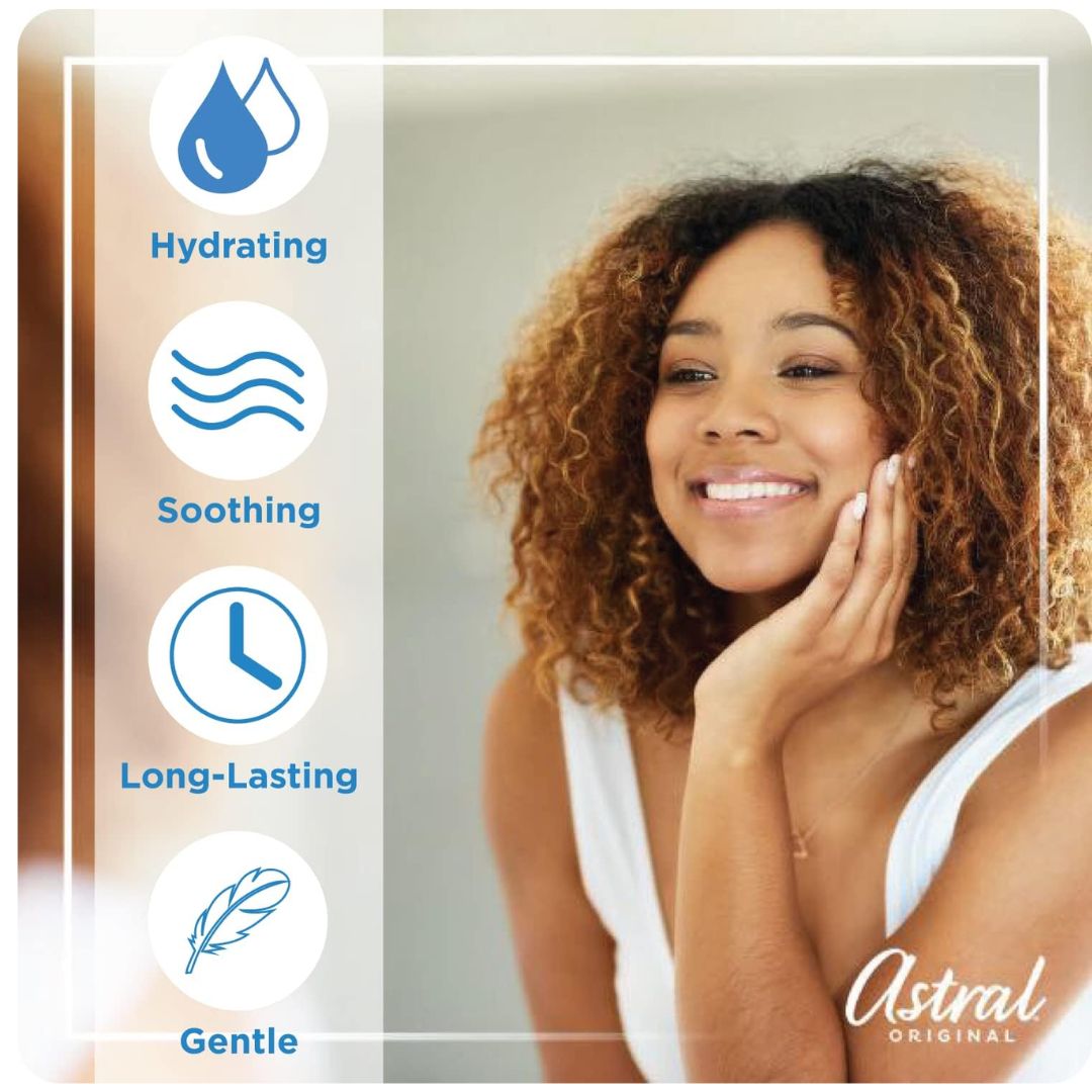 A promotional graphic for an Astral Original skincare product. The left side features a vertical translucent panel with icons and text highlighting key benefits: 'Hydrating' (water droplet), 'Soothing' (waves), 'Long-Lasting' (clock), and 'Gentle' (feather).