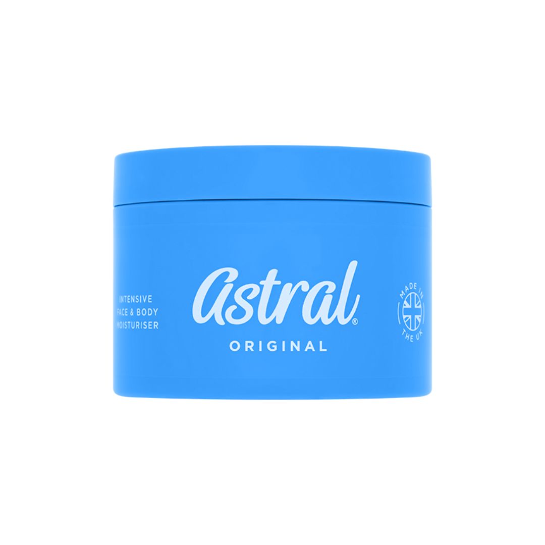 A blue plastic jar of Astral Original Intensive Cica & Body Moisturiser on a solid white background.