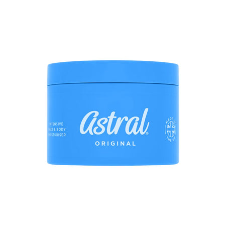 A blue plastic jar of Astral Original Intensive Cica & Body Moisturiser on a solid white background.