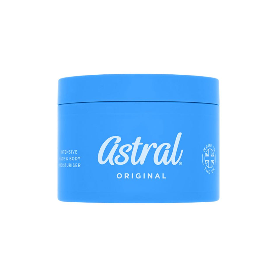 A blue plastic jar of Astral Original Intensive Cica & Body Moisturiser on a solid white background.
