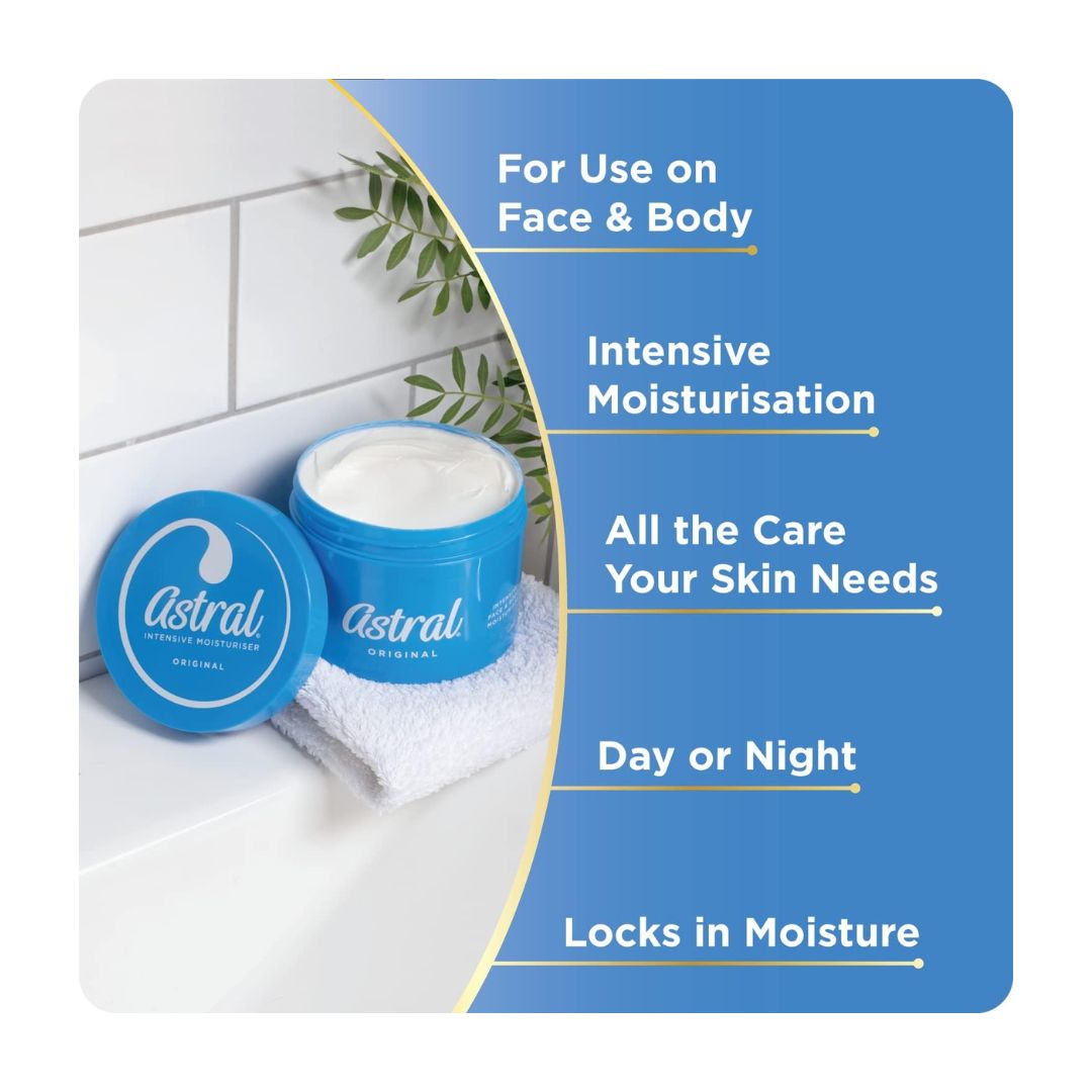 A cosmetic jar and matching lid labeled Astral Original on a white towel beside a tiled wall, with marketing text on a blue panel reading 'For Use on Face & Body', 'Intensive Moisturisation', 'All the Care Your Skin Needs', 'Day or Night', and 'Locks in Moisture'.