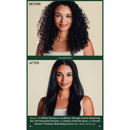 Before-and-after hair styling comparison showing a woman with voluminous curly hair labeled 'Unwashed hair' and smooth straight hair labeled 'AFTER'. Text at the bottom describes the results with shampoo, conditioner, damage control, retexturing gel, pomade, hair spray, and styling cream.