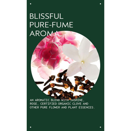 A vertical product card for 'Blissful Pure-Fume Aroma' with a dark green background, white text, and a circular floral illustration featuring pink and white flowers with cloves. The card is shown centered on a white background.