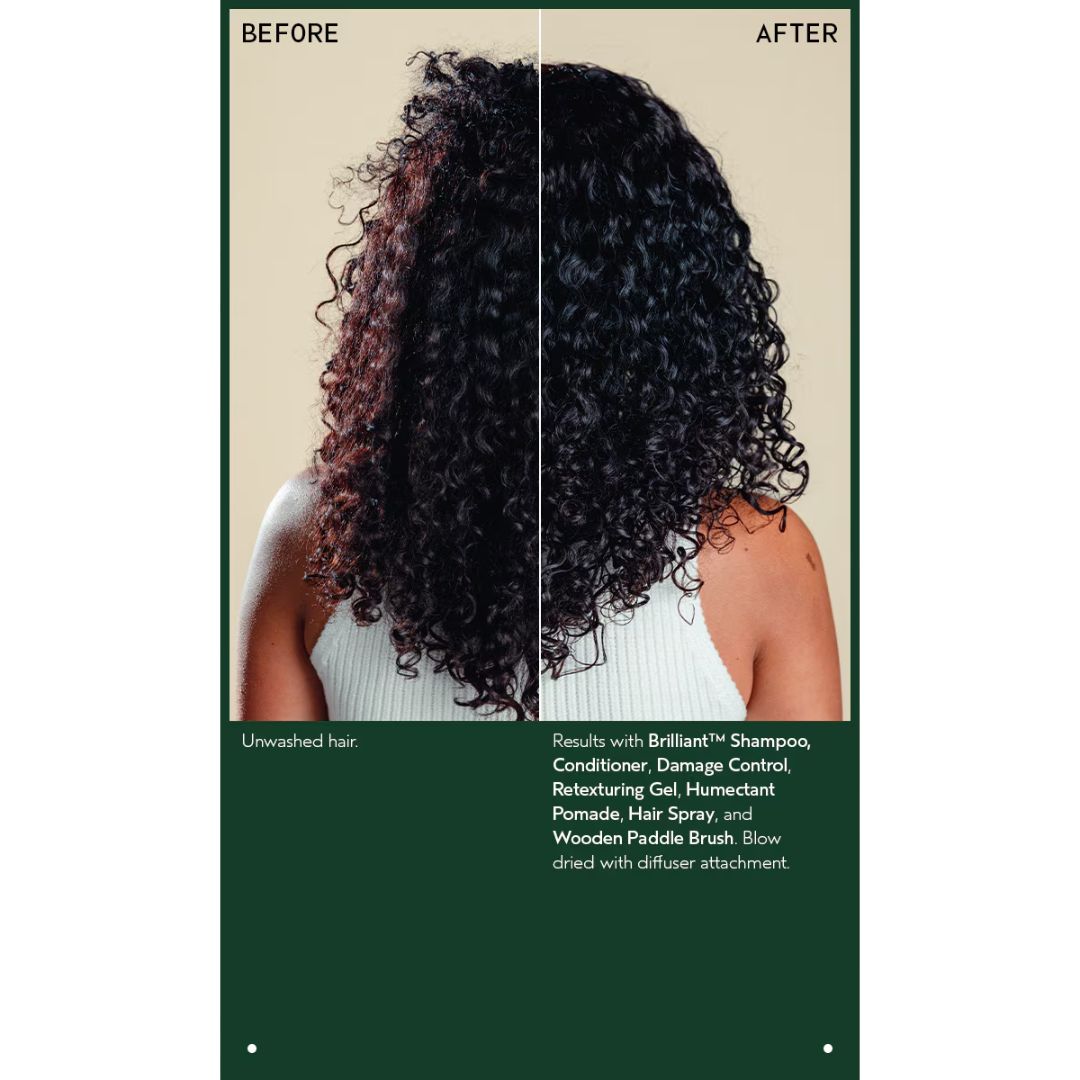 Before-and-after hair restoration comparison showing a woman from the back with frizzy, unruly hair on the left and smooth, styled curls on the right. The image includes text detailing the results of Brilliant Shampoo, Conditioner, Reluctant Hair, Humectant Pomade, Hair Spray, and Wooden Paddle Brush.