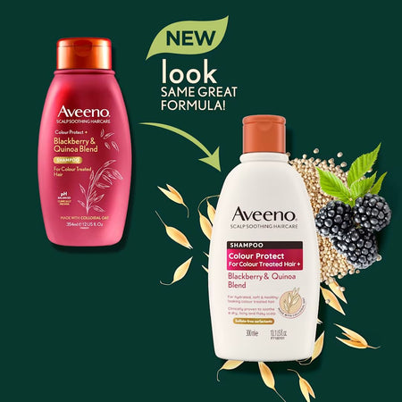 Aveeno shampoo bottles with blackberry and quinoa blend on a green background