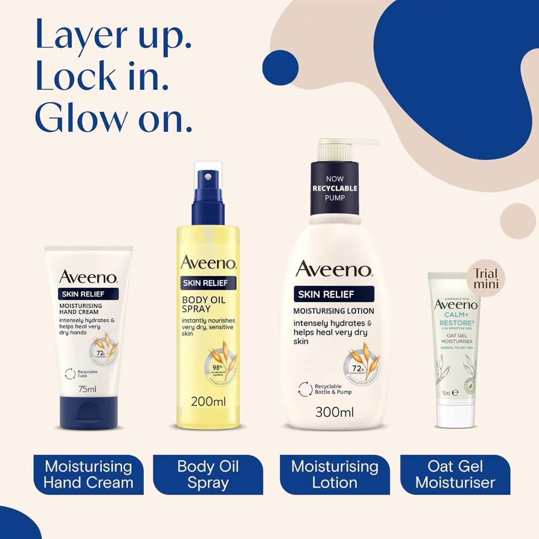 Four Aveeno skincare products arranged on a light beige background with abstract blue shapes and text labels: Moisturising Hand Cream, Body Oil Spray, Moisturising Lotion, and Oat Gel Moisturiser.