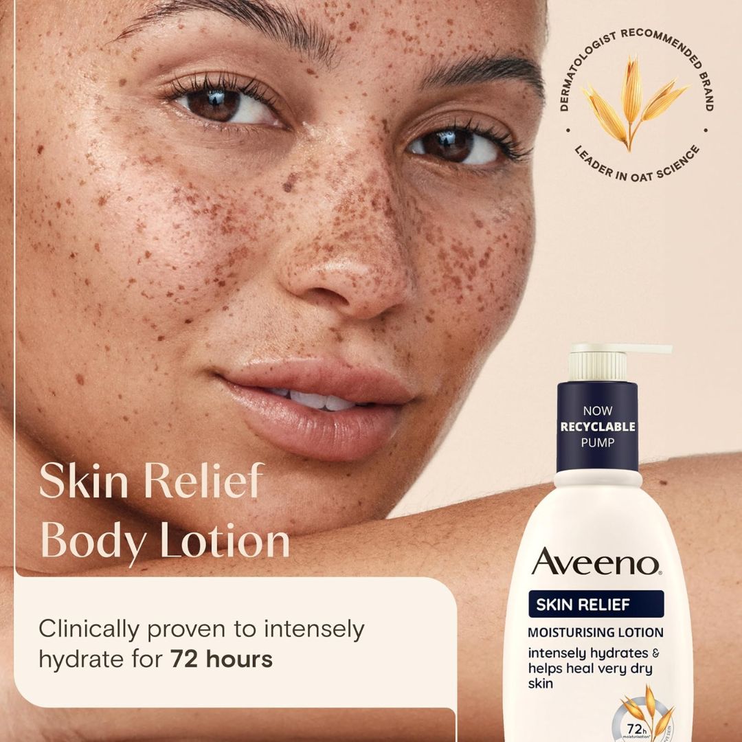 Aveeno Skin Relief Body Lotion bottle shown beside a close-up of a person's face and shoulder, with marketing text highlighting skin hydration benefits and a dermatologist recommendation badge.