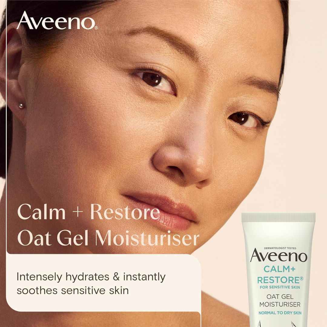 A close-up of a woman's face with Aveeno Calm + Restore Oat Gel Moisturiser text on the left and a small tube of the moisturiser shown on the lower right against a white background.