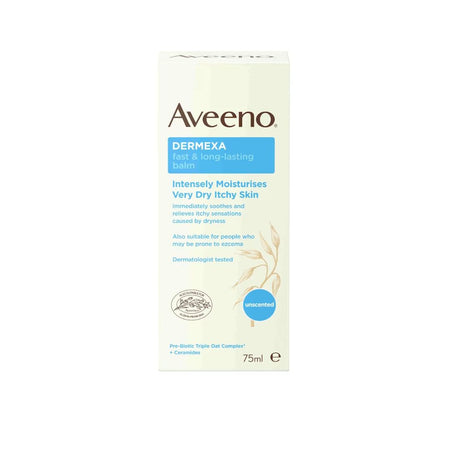Aveeno Dermexa Intensely Moisturising Very Dry Itchy Skin balm in a 75ml box, featuring a cream-colored background with blue and brown text and graphics.