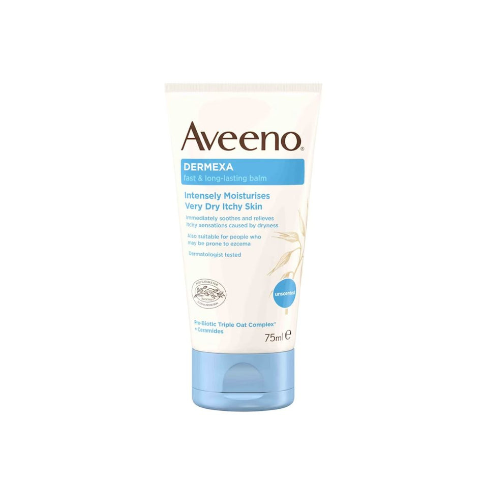 Aveeno Dermexa intensely moisturising very dry itchy skin gel in a 75ml squeeze tube with a white body, blue cap, and blue label accents.