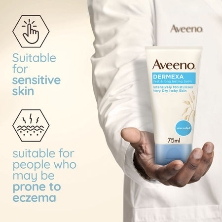 A person in a white lab coat holds an Aveeno DERMEXA 75ml moisturizing cream tube. The left side features informational graphics with icons and text stating 'Suitable for sensitive skin' and 'suitable for people who may be prone to eczema' on a light cream background.