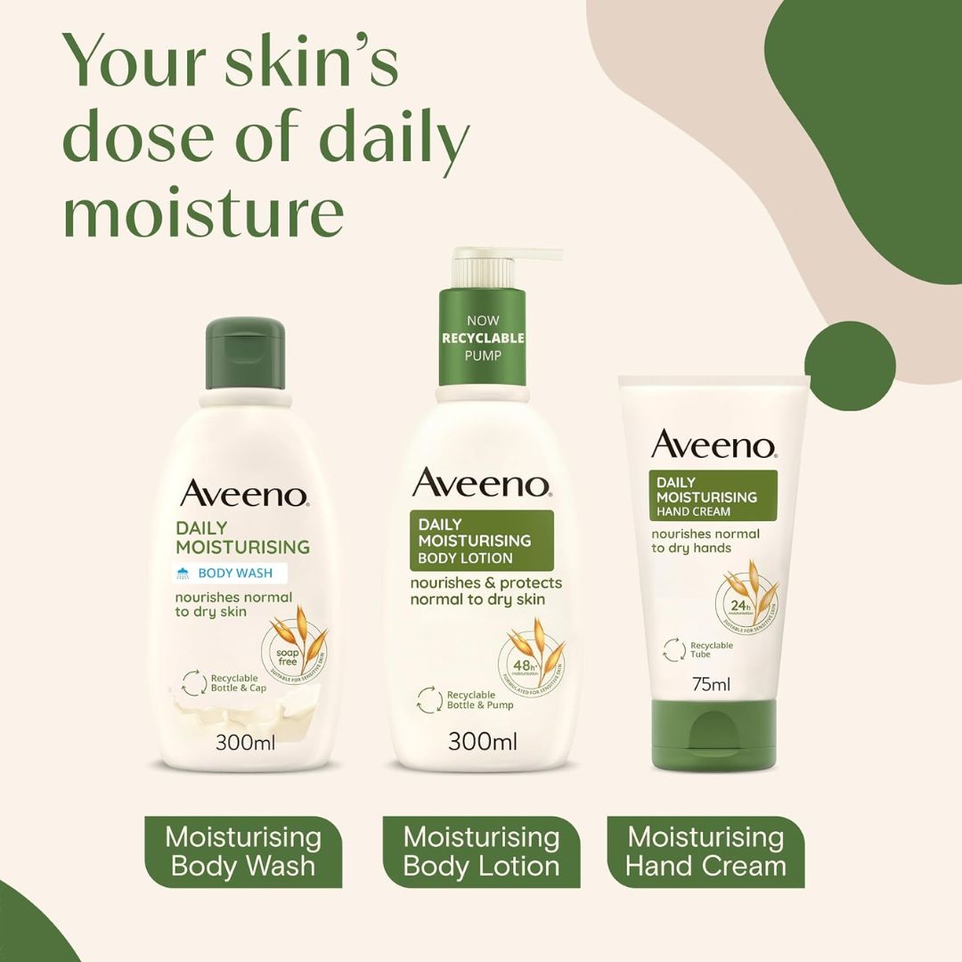 Three Aveeno Daily Moisturising products on a beige background with abstract green shapes: body wash, body lotion, and hand cream, with headline text 'Your skin's dose of daily moisture'.
