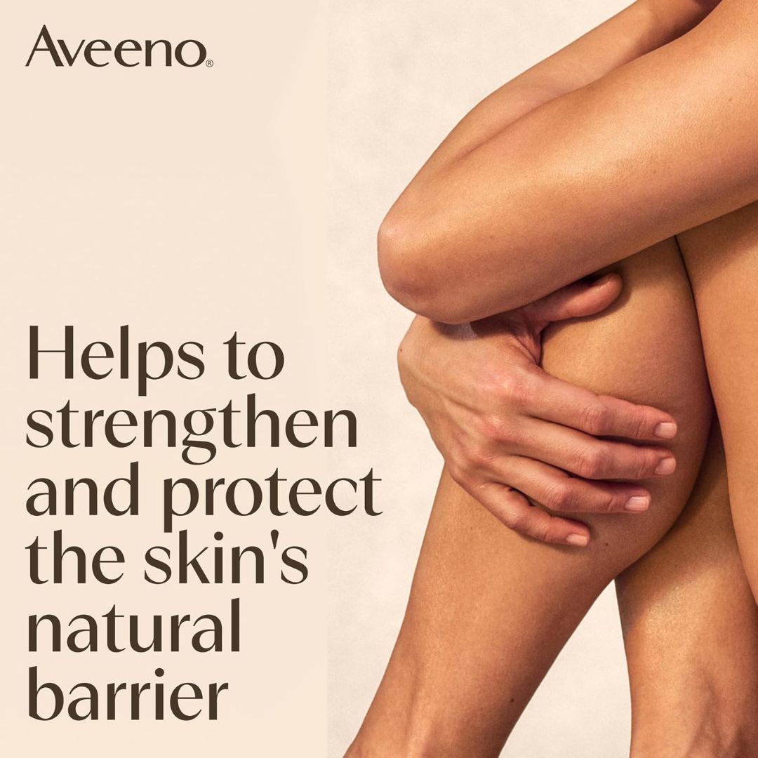 Aveeno advertisement showing a close-up of legs with text about skin care benefits.