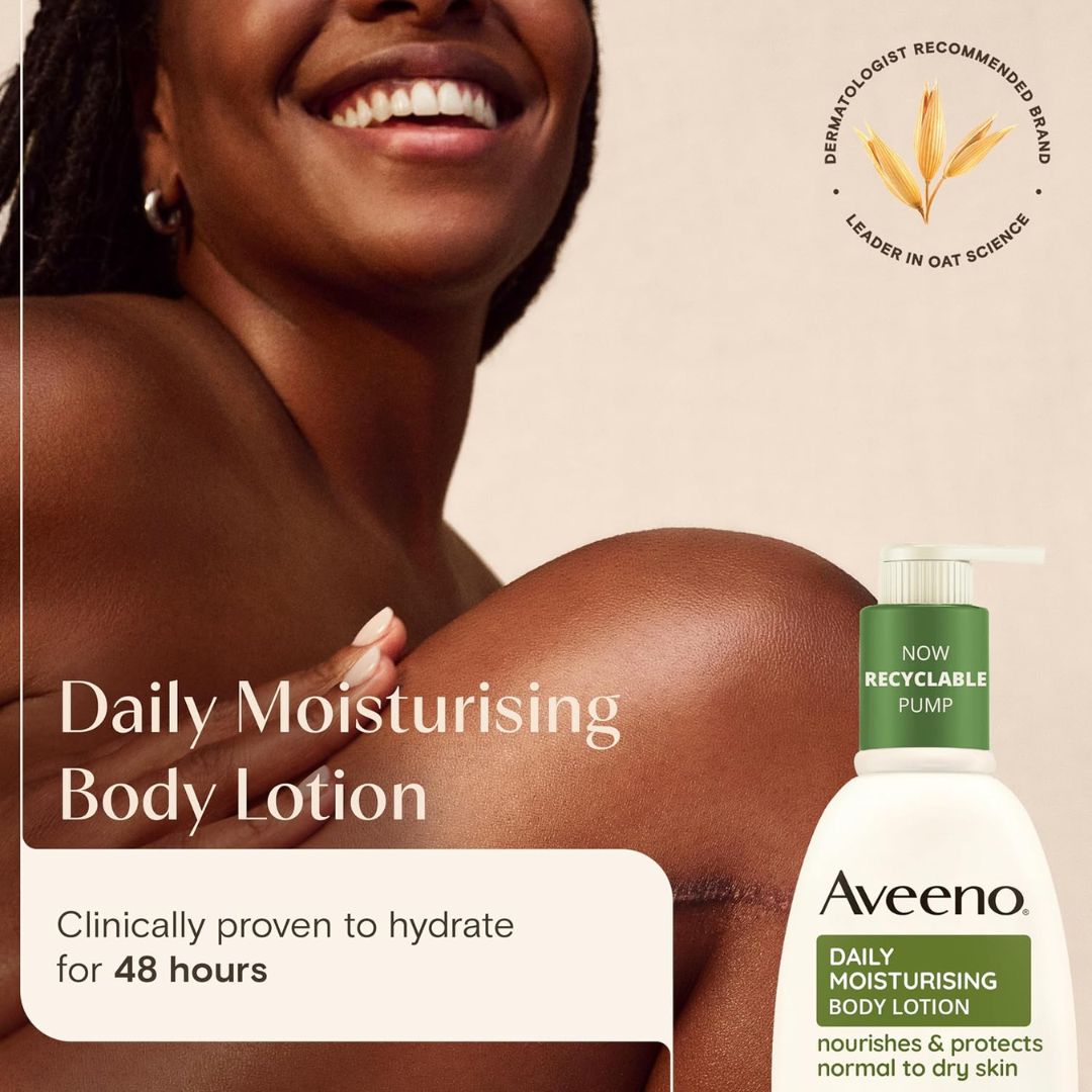 Aveeno Daily Moisturising Body Lotion bottle shown next to a smiling woman with bare shoulders, on a warm beige background with promotional text and a dermatologist recommendation badge.