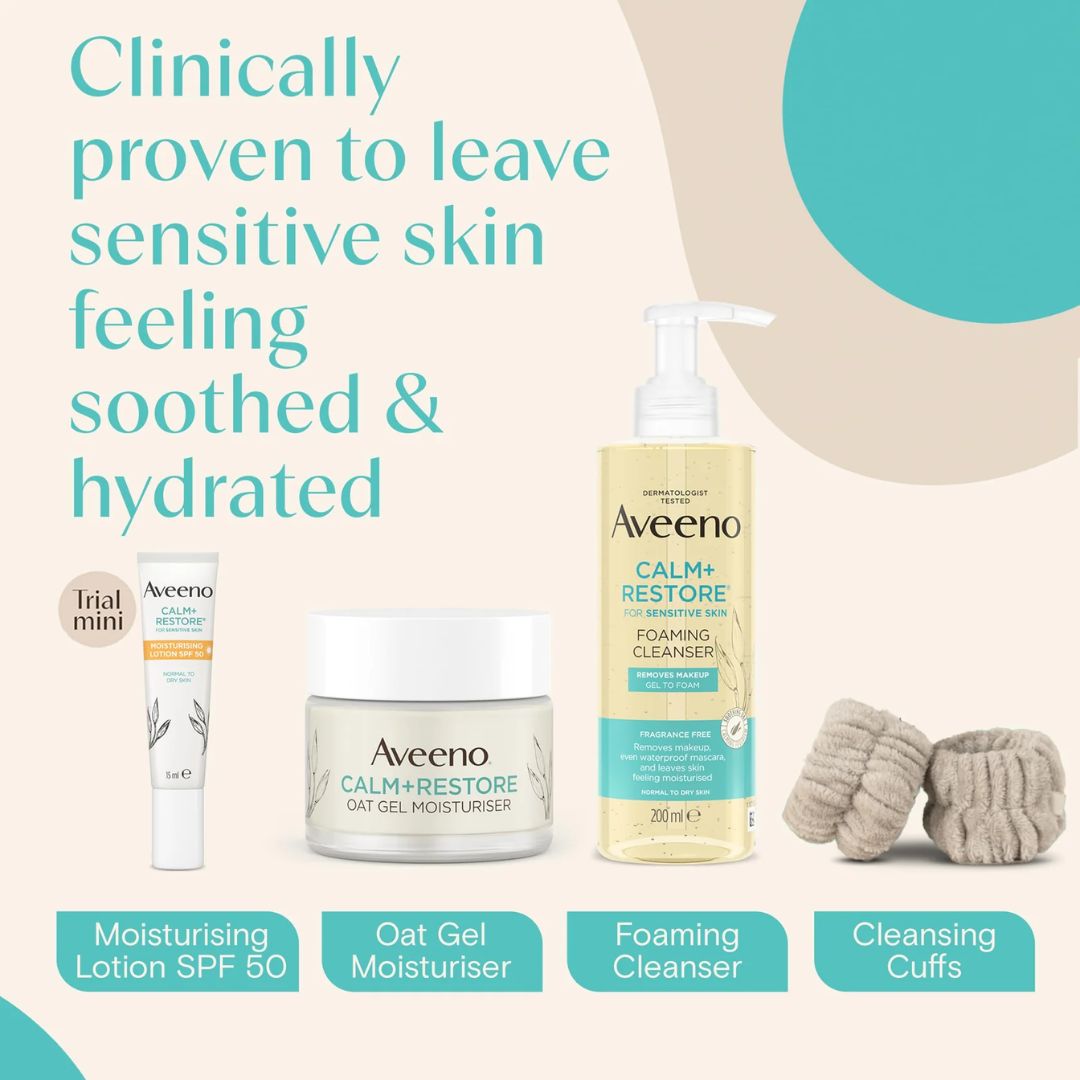 A promotional product graphic for Aveneno skincare showing four items: a trial mini tube, Calm+ Restore Oat Gel Moisturiser jar, Calm+ Restore Foaming Cleanser pump bottle, and a set of three beige cleansing cuffs. Large teal text reads 'Clinically proven to leave sensitive skin feeling soothed & hydrated' on a light beige background with abstract teal and beige shapes.