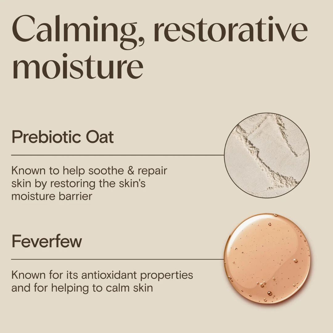 Product description with text about calming and restorative moisture, featuring prebiotic oat and feverfew.