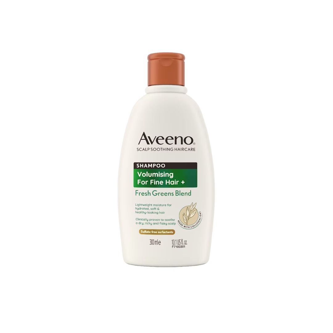 Aveeno Volumising For Fine Hair + Shampoo in a white bottle with a brown cap, on a plain white background.