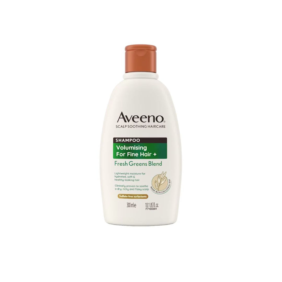 Aveeno Volumising For Fine Hair + Shampoo in a white bottle with a brown cap, on a plain white background.