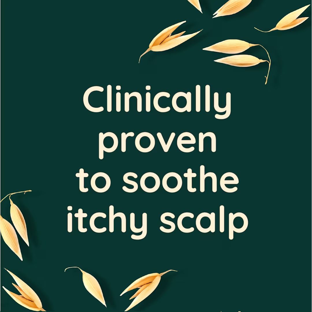 Dark green square graphic with cream text reading 'Clinically proven to soothe itchy scalp' and scattered oat-like leaves around the border.