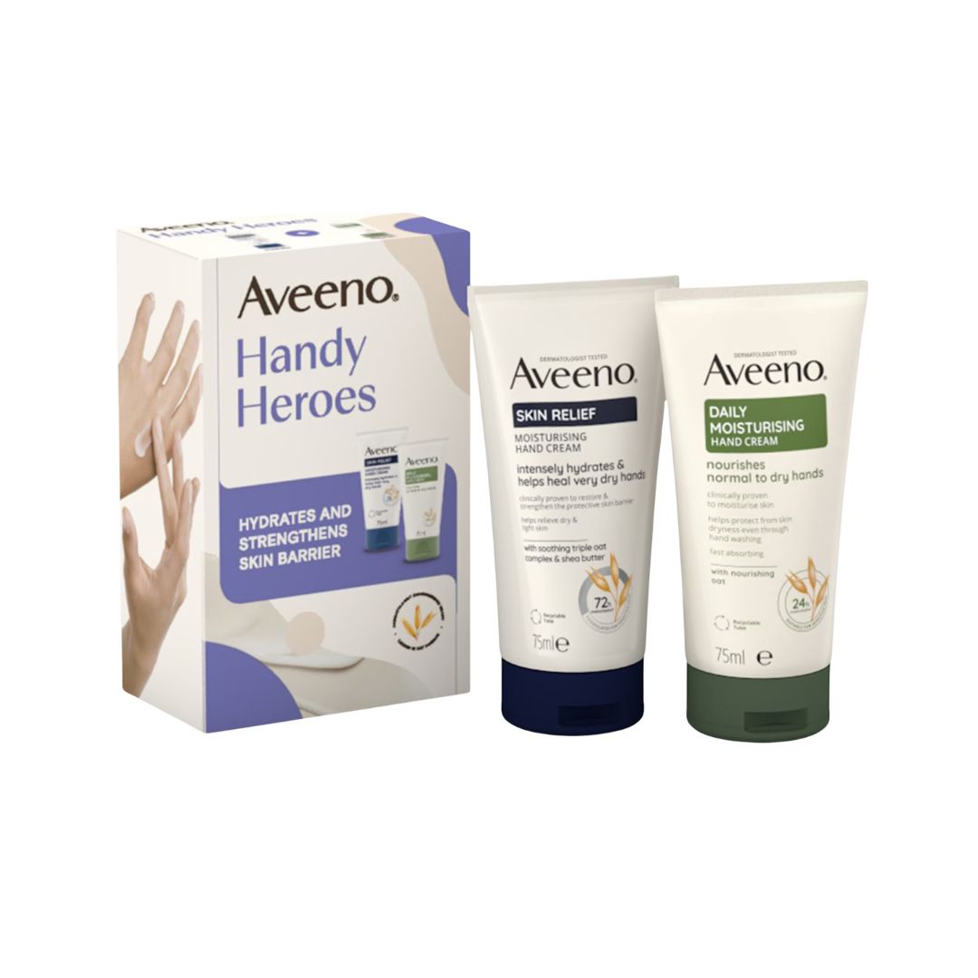 Aveeno Handy Heroes hand care set featuring a white and purple box, a white Skin Relief hand gel tube with a navy cap, and a white Daily Moisturising Hand Cream tube with a dark green cap, on a white background.