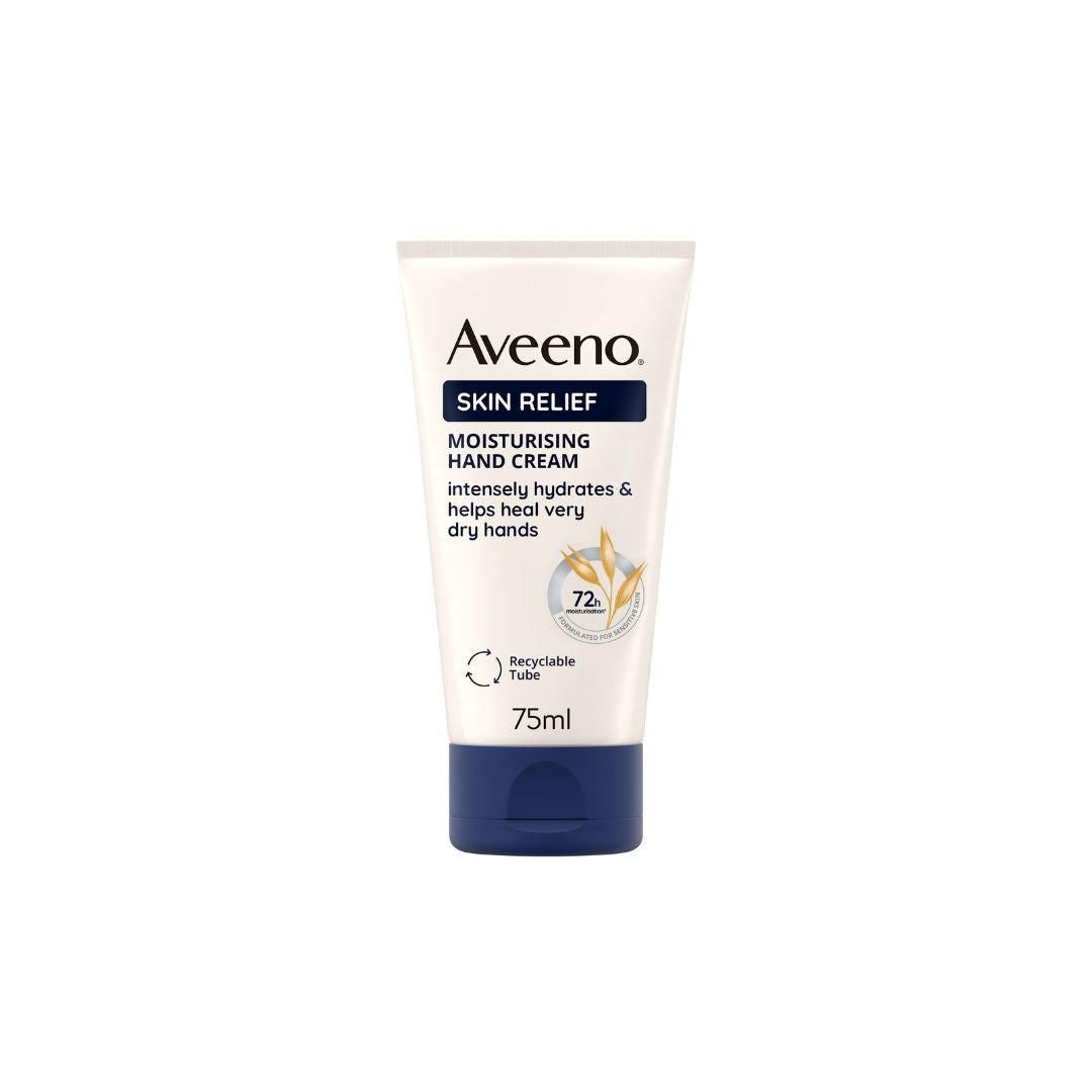 Aveeno Skin Relief moisturising hand cream in a 75ml squeeze tube with a white body and dark navy blue cap, shown on a plain white background.