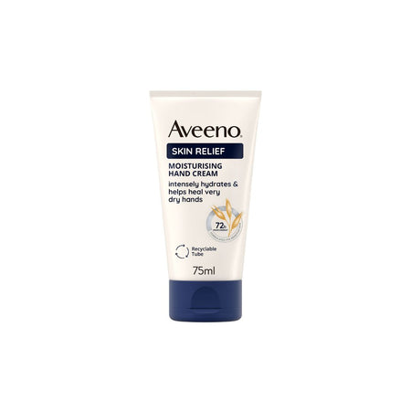 Aveeno Skin Relief moisturising hand cream in a 75ml squeeze tube with a white body and dark navy blue cap, shown on a plain white background.